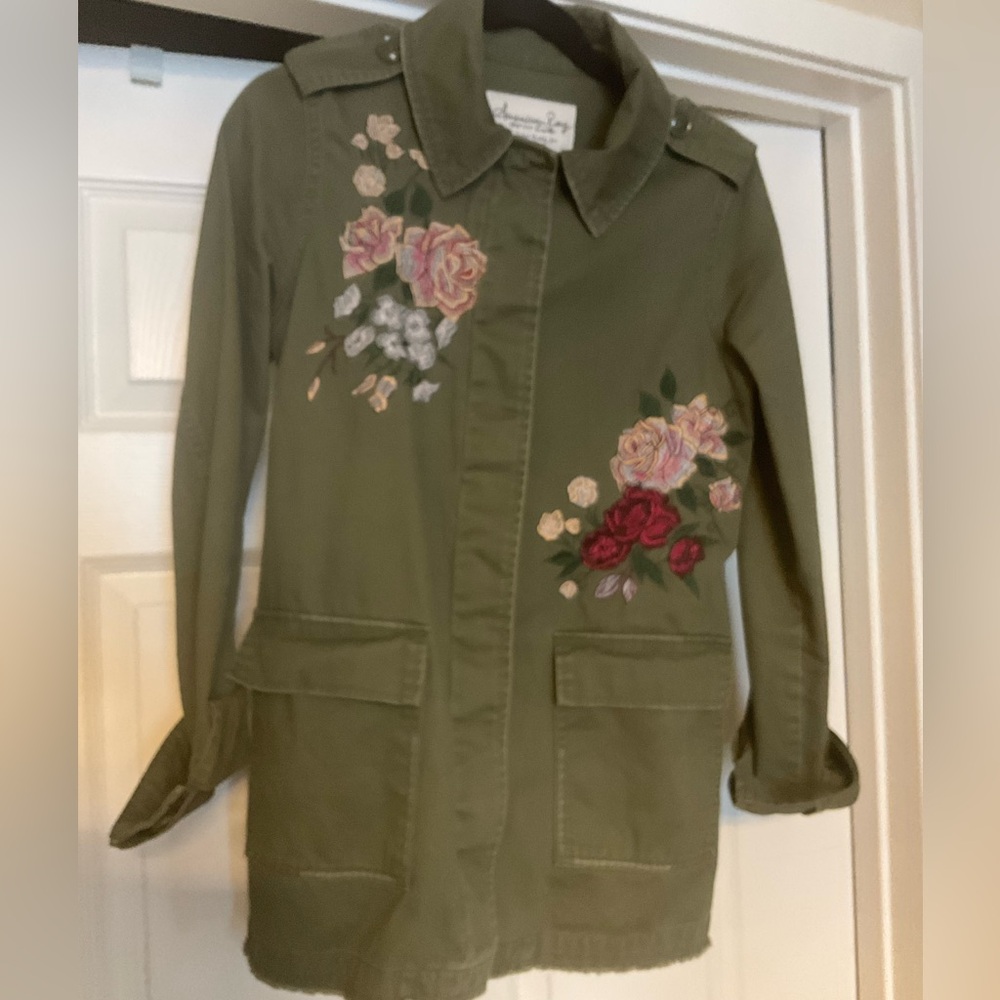 American Rag Olive Green Utility Jacket with Rose Embroidery